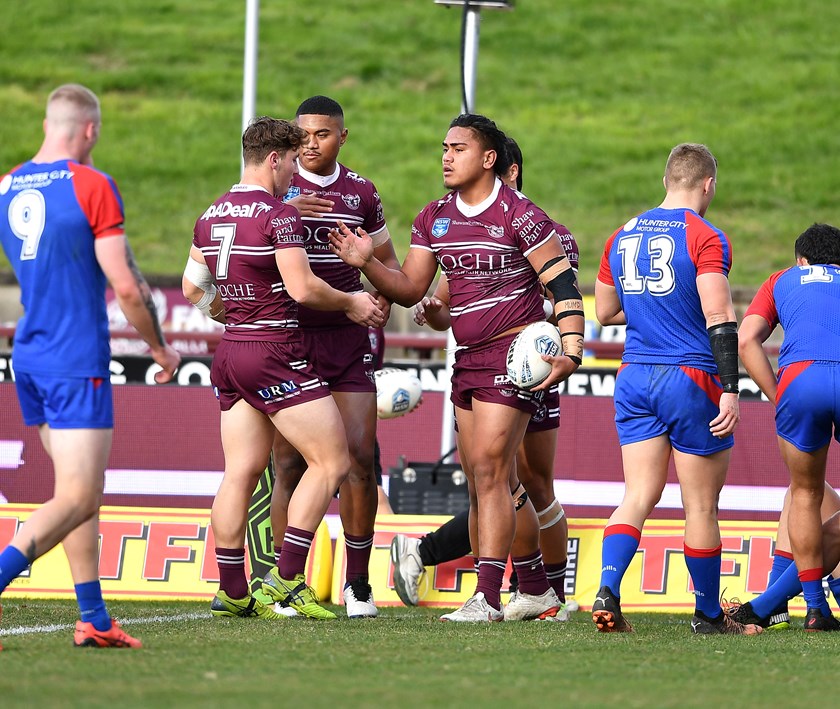 Sanele Aukusitino scored two tries in five minutes for the Sea Eagles against the Knights today.