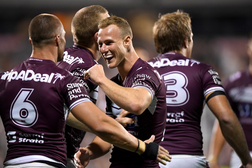 Good times..Daly celebrates a try with his team-mates last season