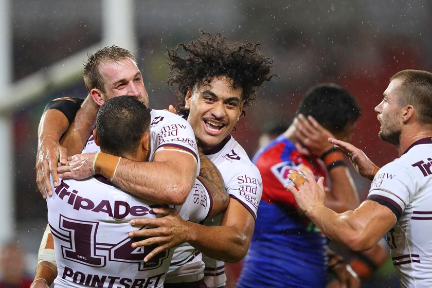 Hard work pays off...Andrew Davey celebrates his first NRL try after 15 games