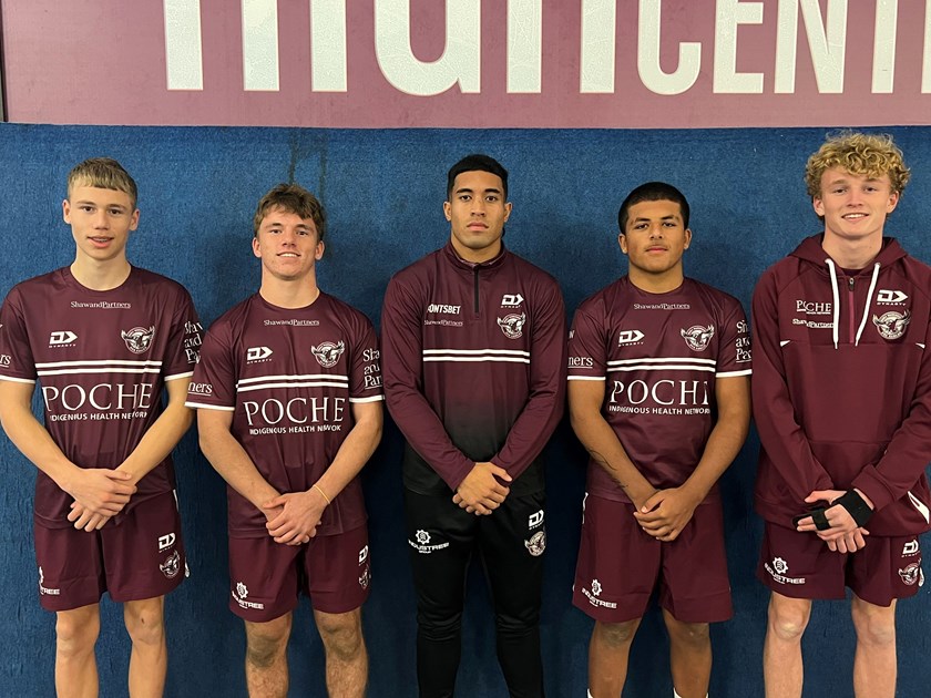 Promising young local juniors  (l-r) Cooper Elkins (Harbord Devils), Angus Grover (Narrabeen Sharks),  Amari-Jay Tangi (Narraweena Hawks) and Oscar McMillan (Manly Brothers) with Sea Eagles NRL player Tolu Koula

