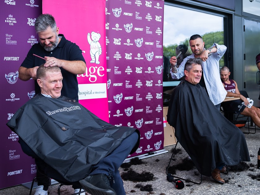 Nice.....Rugby League reporters Danny Weidler (left) and Andrew McKinlay joined in the fun of the head shave.