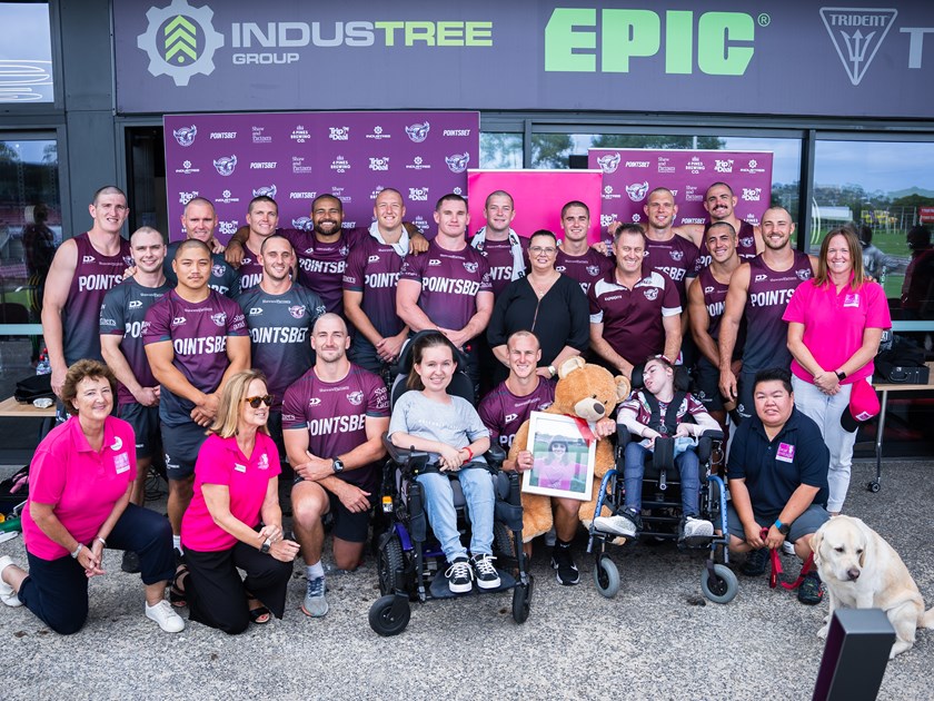 Great support...the Manly Sea Eagles players show of their fresh shaved heads with our friends from Bear Cottage.