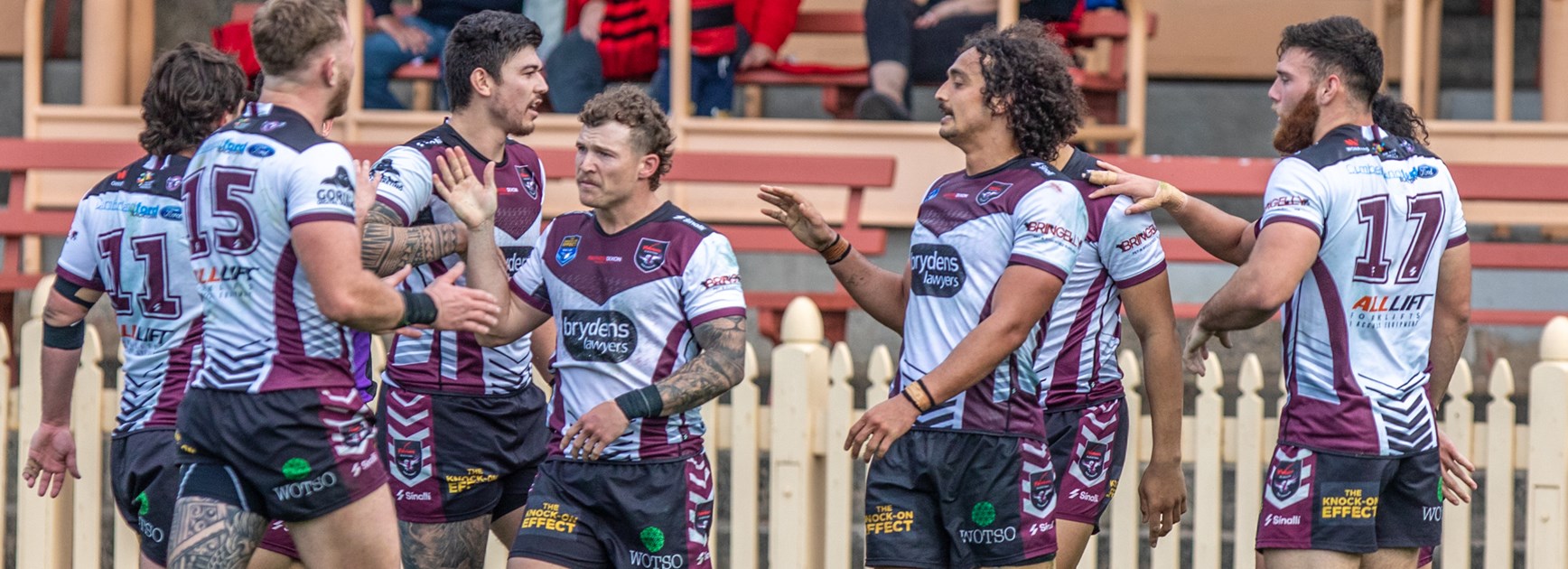 Blacktown Workers celebrate one of their tries in the win over the Bears.