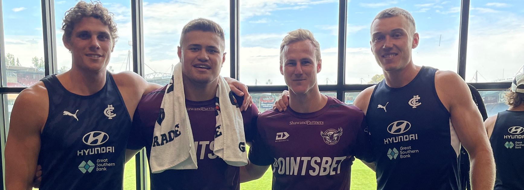 Brothers in arms...Carlton stars Charlie Curnow (left) and Patrick Cripps with Daly Cherry-Evans and Josh Schuster. 