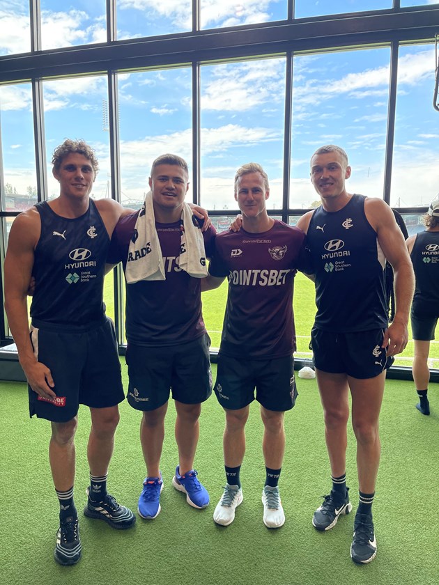 Brothers in arms...Carlton stars Charlie Curnow (left) and Patrick Cripps with Daly Cherry-Evans and Josh Schuster. 