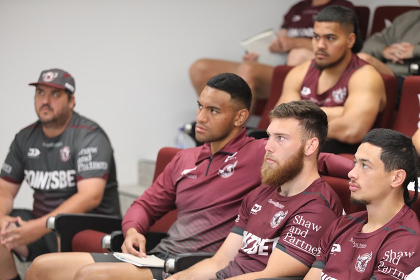 Young Sea Eagles players (l-r) Viliami Fifita, Jacob Sykes, and Jackson Ferris at the Eagle Hearts session
