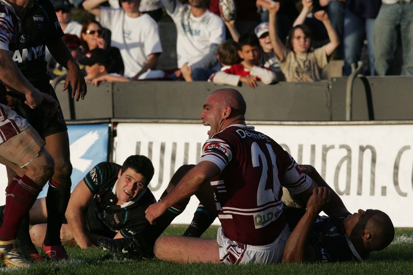 Mitch Creary celebrates a try in the 32-30 win over Penrith at Brookvale in 2006.