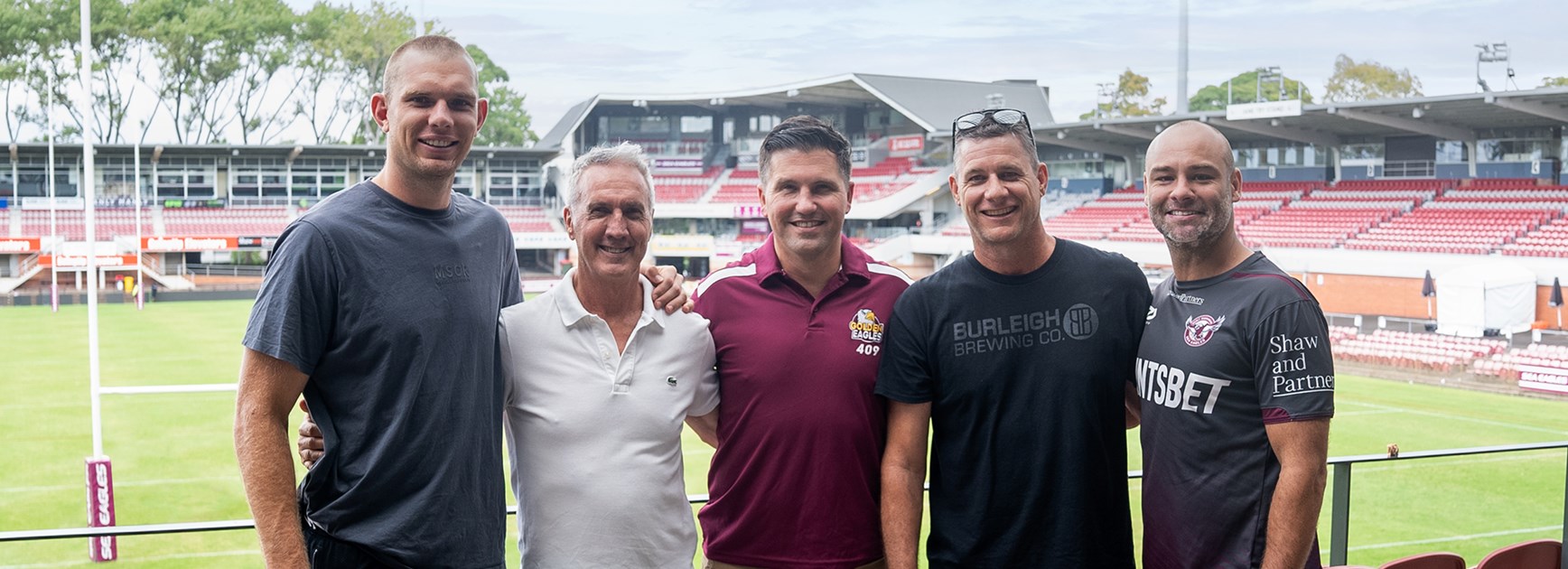 Past and present Manly full-backs (l-r) Tom Trbojevic, Mike Eden, Shannon Nevin, Andrew King, and Brett Stewart at the Golden Eagles Barbecue Lunch.