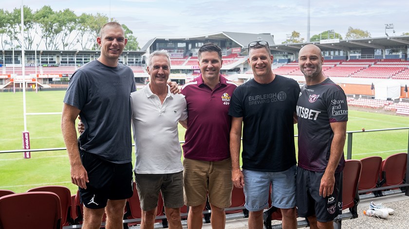 Past and present Manly full-backs (l-r) Tom Trbojevic, Mike Eden, Shannon Nevin, Andrew King, and Brett Stewart at the Golden Eagles Barbecue Lunch.
