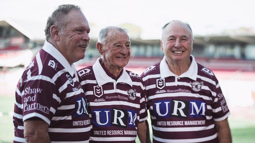 Club legends (l-r) Cliff Lyons, Ken Arthurson, and Max Krilich at today's launch of the 2023 Heritage Jersey