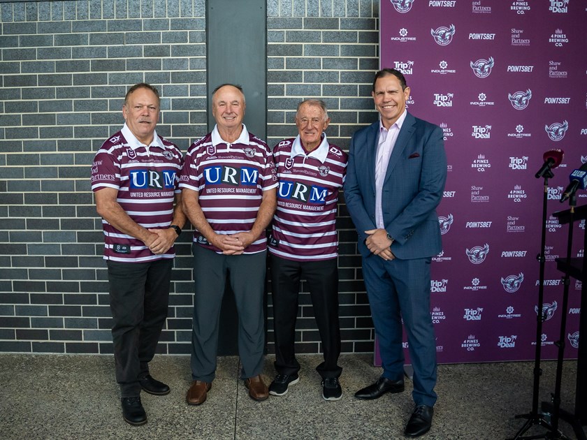 For the love of Manly....Cliff Lyons, Max Krilich, Ken Arthurson with Sea Eagles CEO and former player Tony Mestrov at today's Heritage Jersey launch