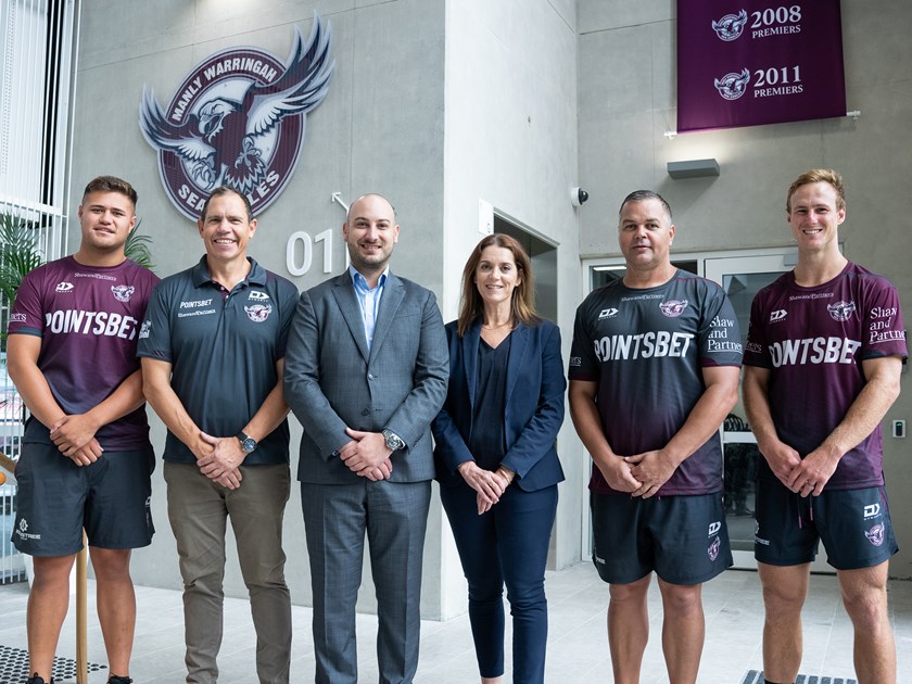 United...(l-r) Josh Schuster, Sea Eagles CEO Tony Mestrov, Manly Leagues Club CEO Julien Bova, Manly Leagues Club Chairwoman Julie Sibraa, Coach Anthony Seibold, and Captain Daly Cherry-Evans.