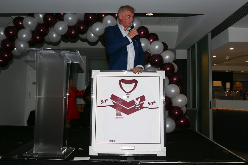 Kim Hunter, President of the Manly-Warringah District Junior Rugby League, with the commemorative 90th Anniversary Team jumper