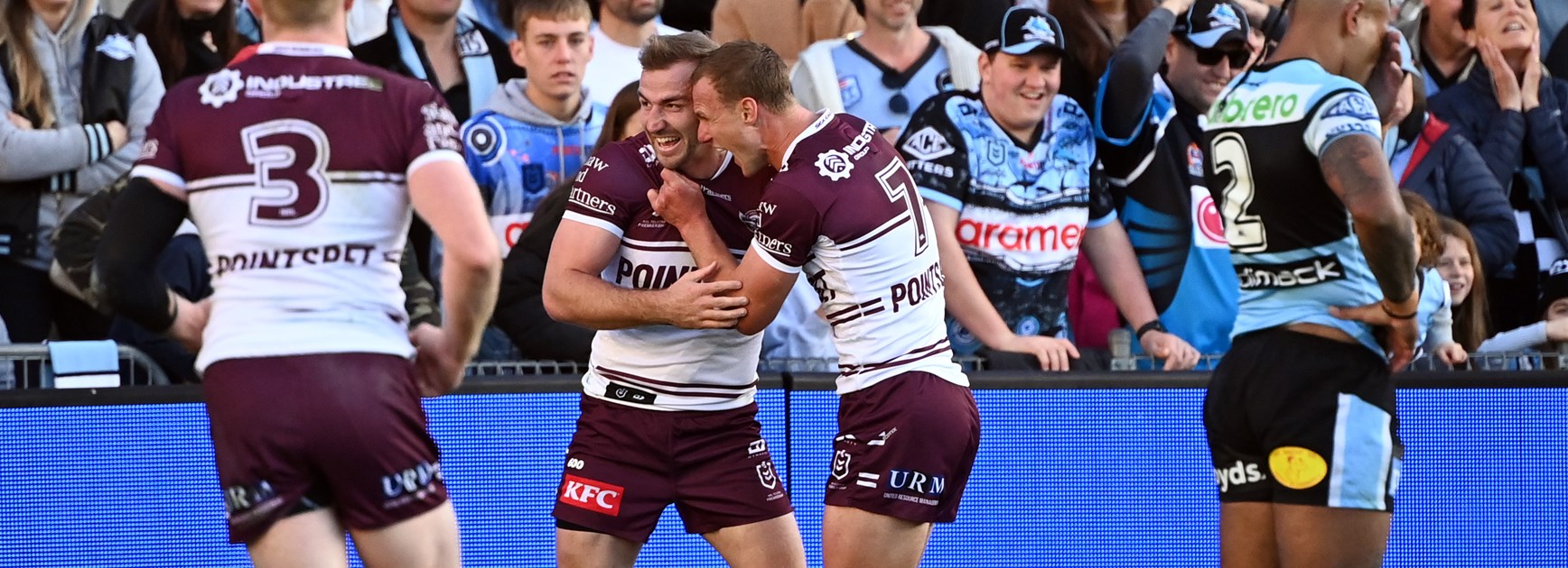 The dynamic duo...Lachlan Croker and Daly Cherry-Evans celebrate the hooker's try.