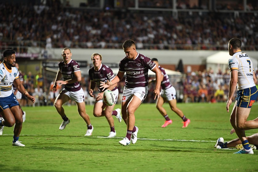 Brilliant play...Josh Schuster lays on the chip kick for Tom Trbojevic's second try