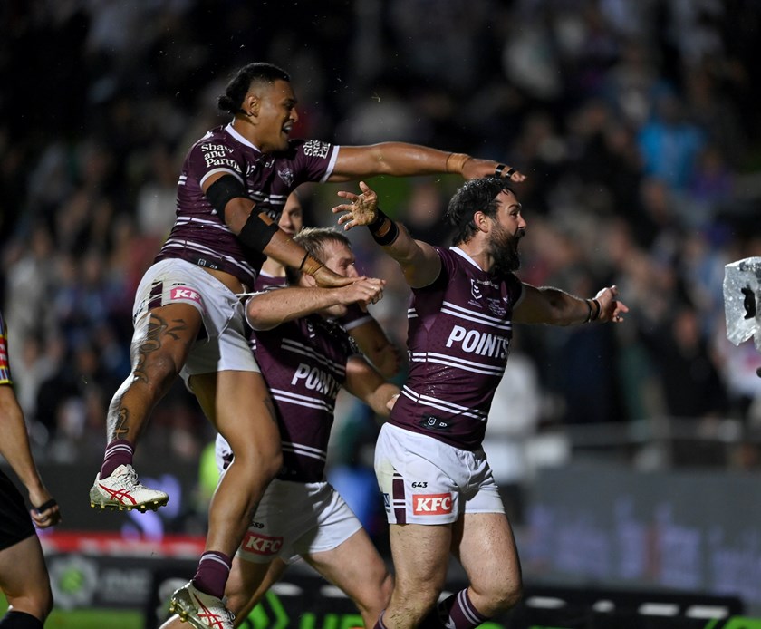 Close but not this time...Aaron Woods celebrates his try but it was denied by the bunker.