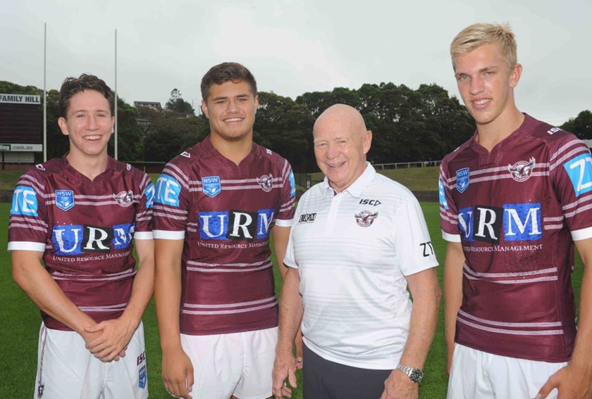 Before the NRL.....rising Manly players  (l-r)  Cooper Johns, Josh Schuster and Ben Trbojevic with Sea Eagles Immortal, Bob Fulton, in 2016
