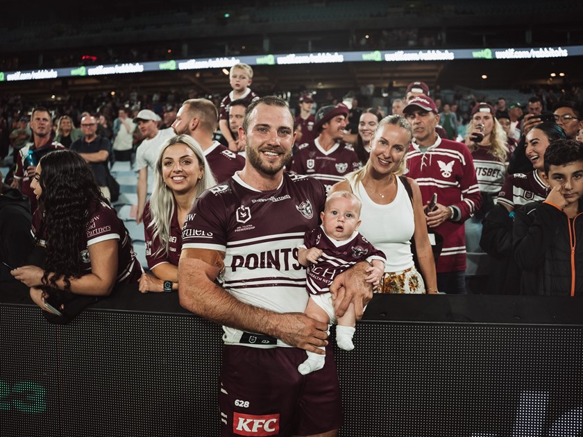 Special moment...proud Dad Karl Lawton with son Lucky, and partner Katie (right)