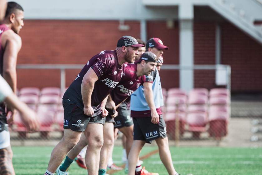 Into the side...Matthew Lodge at Sea Eagles training today.