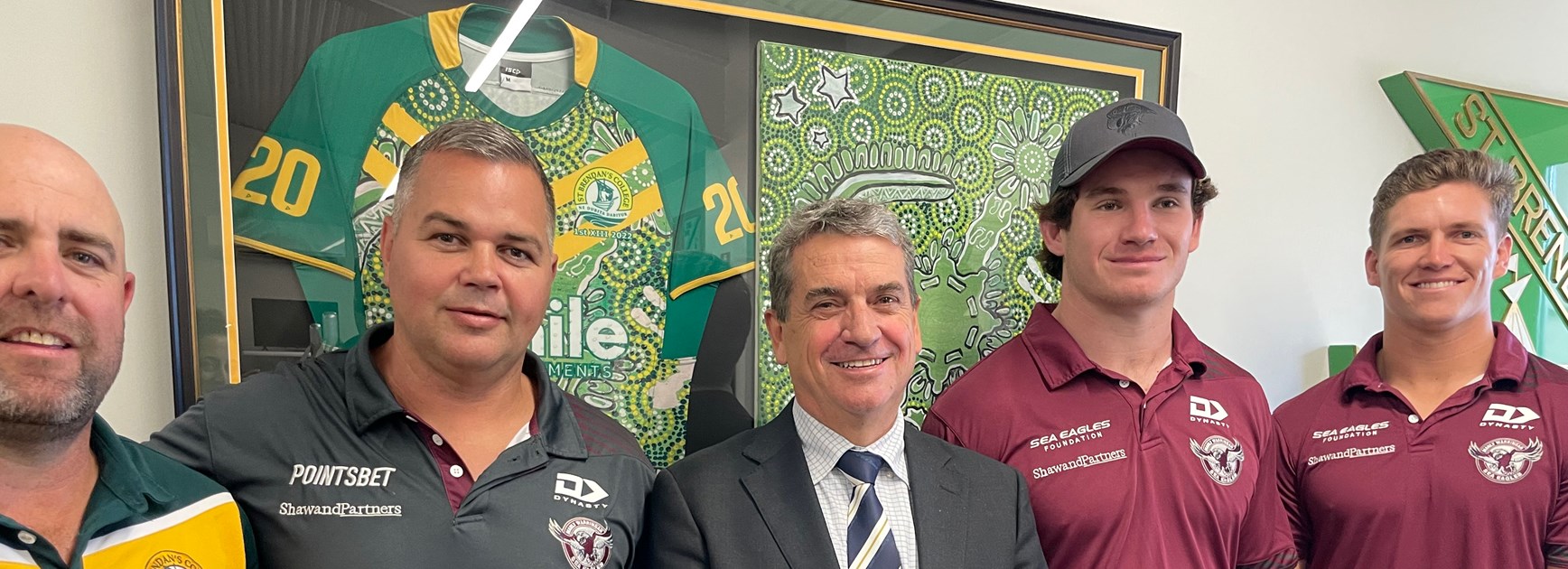 United... (l-r) Luke Caplick (Director of Rugby League), Anthony Seibold, Principal Rob Corboy, Ethan Bullemor, and Reuben Garrick at St Brendan's College, Yeppoon