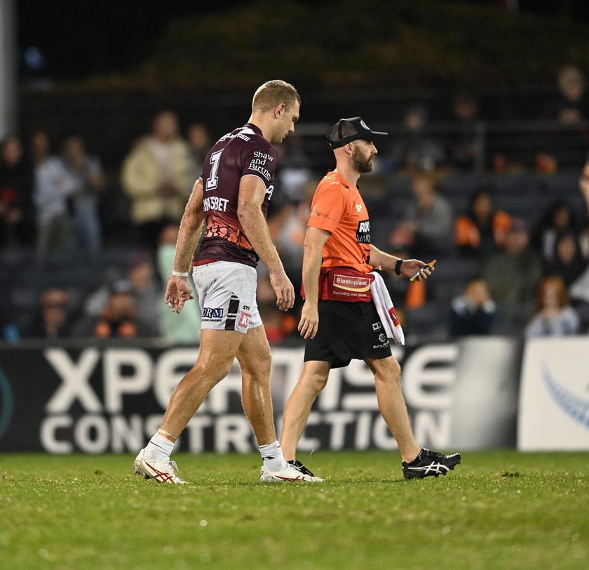 Tom Trbojevic leaves the field against the Wests Tigers last Sunday.