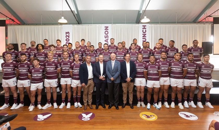 Sea Eagles Owners Scott Penn (second left) and Rick Penn (second from right) with Coach Anthony Seibold and CE0 Tony Mestrov at Manly's Season Launch on Wednesday