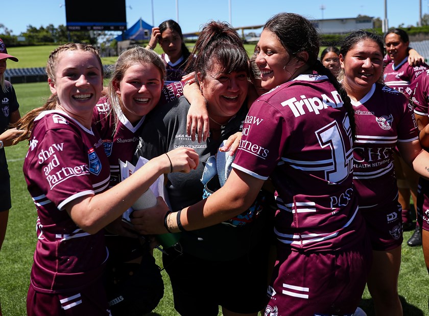 Sheer joy....Sonia Dorsett and Manly's Tarsha Gale Cup team celebrate their famous win in our history making premiership match at Campbelltown this season.