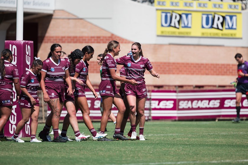 The girls celebrate  Aaliyah Haumono's first ever Manly women's try at Brookvale Oval. 