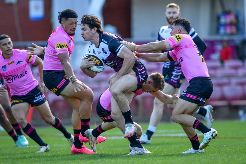 Ethan Bullemor charges through the Panthers defence at 4 Pines Park