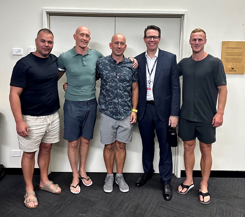 Talk time...from (l-r) Coach Anthony Seibold, Manly Mental Skills Coach Andrew May, Matt Formston, Kieren Perkins, and Daly Cherry-Evans at the Sea Eagles camp 