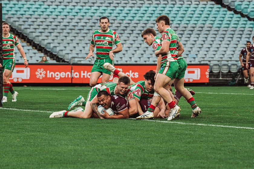 Jubilation...Taulauniuotagaloa Mariota celebrates his try against the Rabbitohs