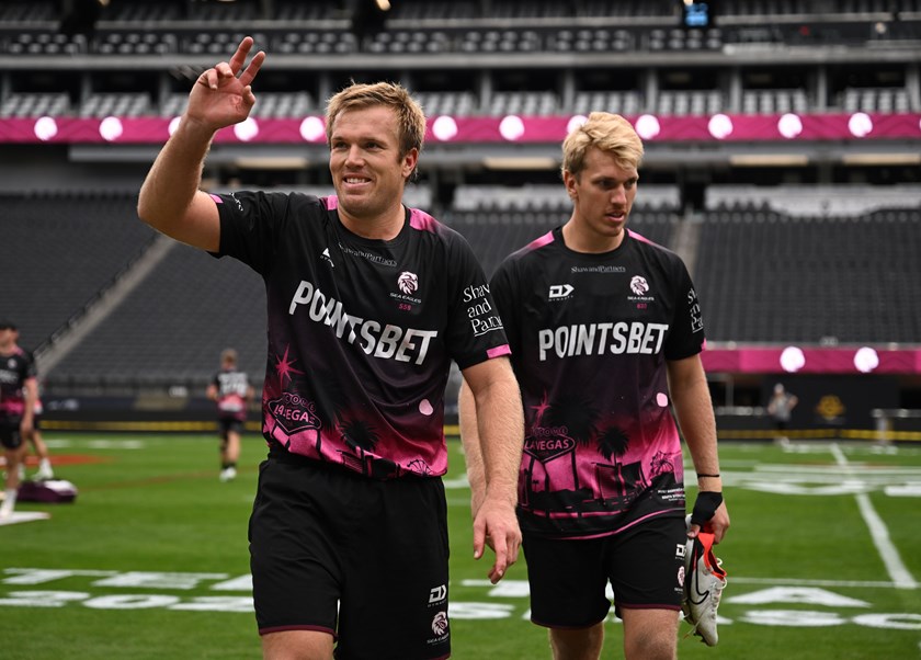 Bring it on...Jake (left) and  Ben Trbojevic after training at Allegiant Stadium on Friday