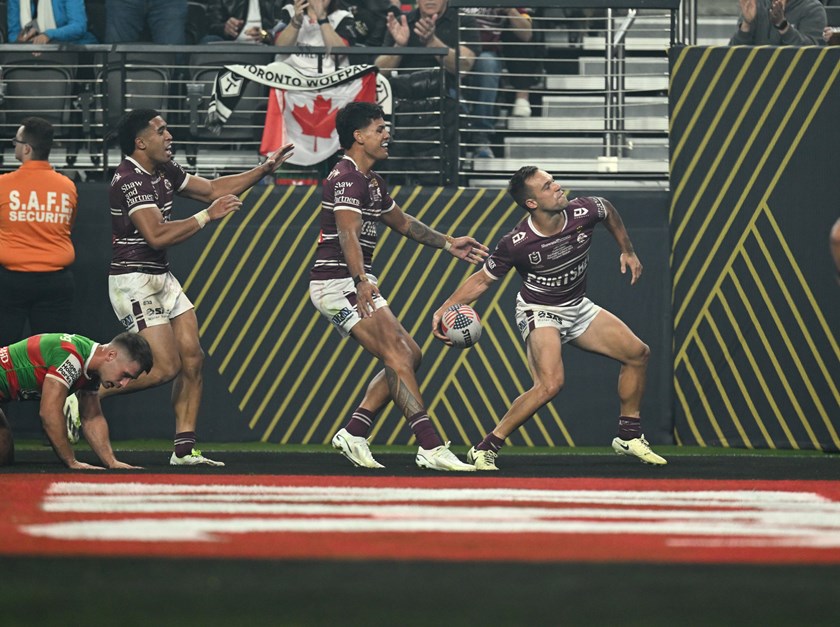 Let it go...Luke Brooks celebrates his first try for Manly in his Club debut at Allegiant Stadium
