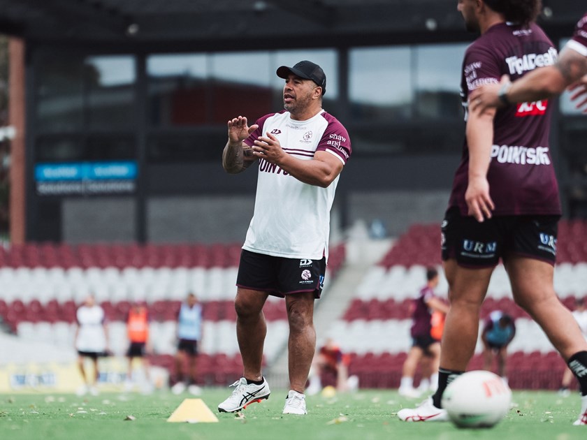 Over to you...Jim Dymock runs a session at Sea Eagles training at 4 Pines Park