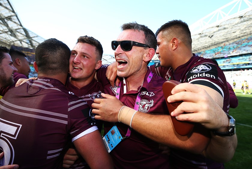 Coach Wayne Lambkin celebrates the Sea Eagles U2Os premiership in 2017