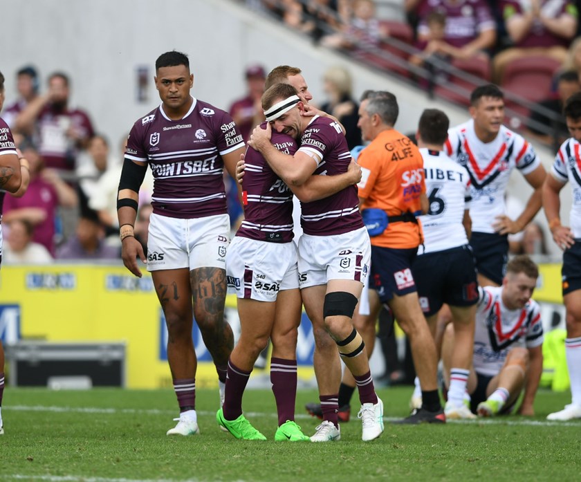 Lachlan Croker celebrates his try
