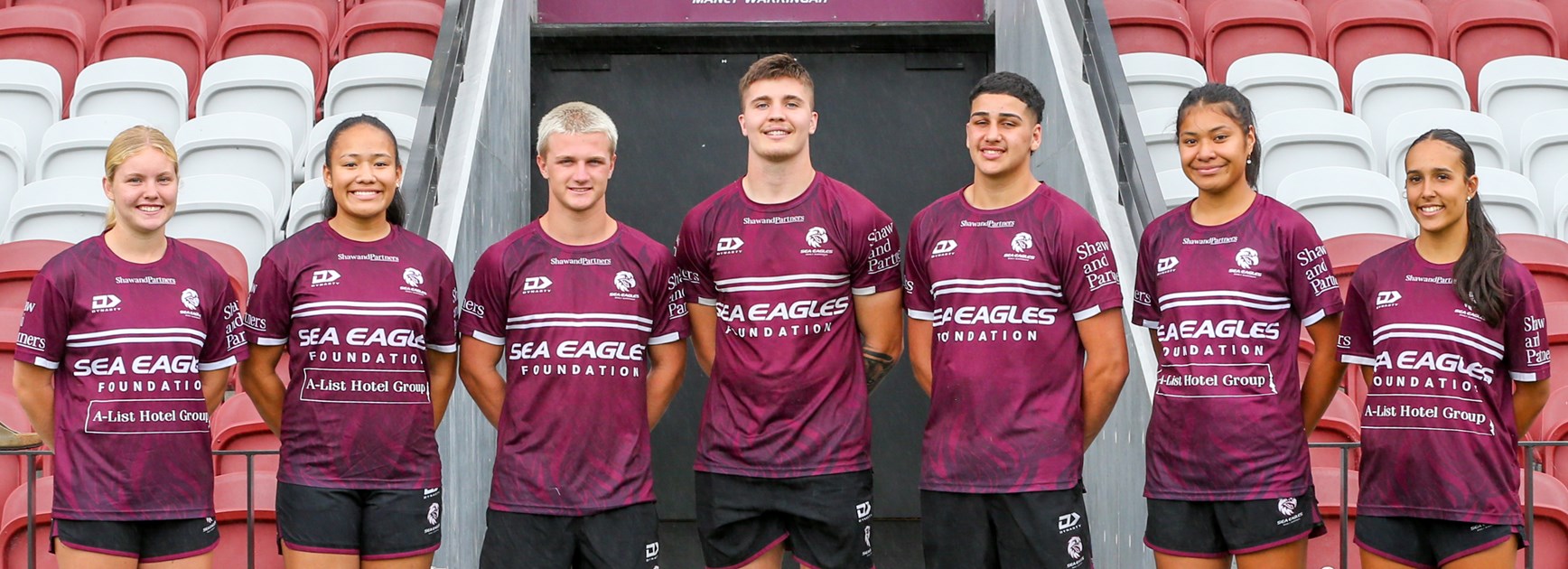 Great honour....Sea Eagles captains (l-r)  Lilli Boyle, Siulolo Richter, Reilly Caswell, Dylan Coyte, Hussain Said, Liesl Hopoate and Matisse Bettridge 
, 