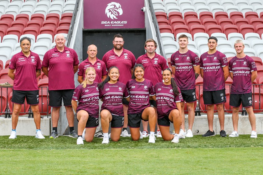 United...Coaches (l-r) Keith Hanley, Nathan Hogan, Junior Pathways Coaching Co-ordinator Geoff Toovey, Jordan Meredith, and Daniel Markham with their respective captains
