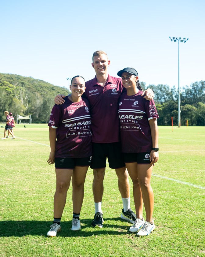 One club...Tom Trbojevic with Harvey Norman Women's Premiership players Kobe Dymock (left) and Wanita Leatherby