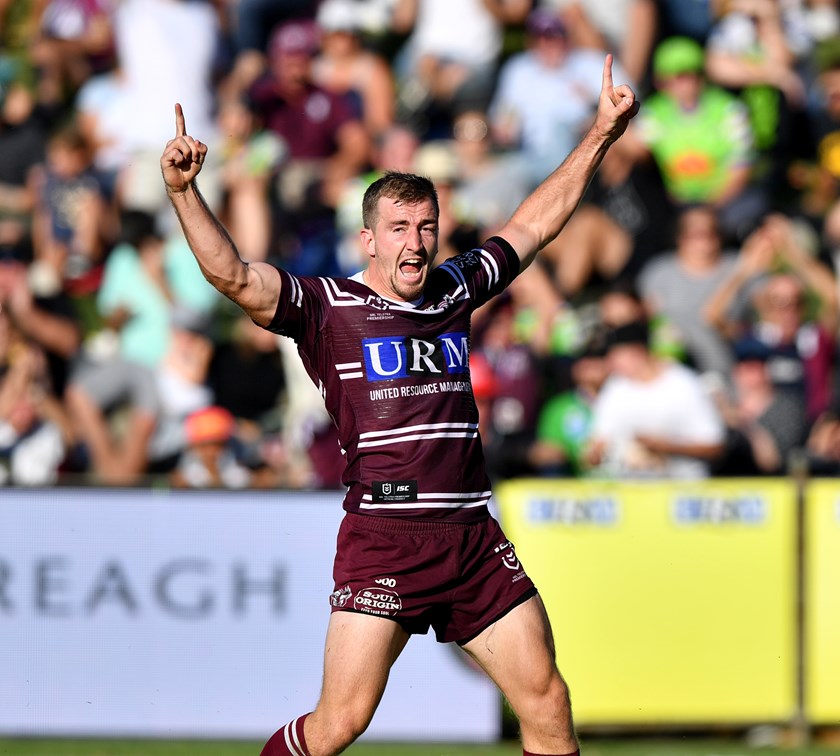 Sheer joy....Lachlan Croker celebrates one of his two tries against Canberra