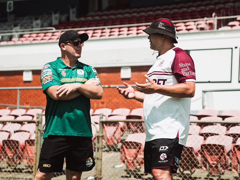 Luke Caplick, Director of Rugby League at St Brendan's College, chats with Manly Coach Anthony Seibold