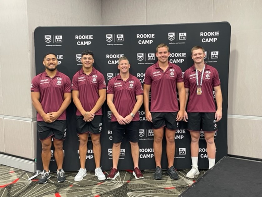 Manly players (l-r) James Uesele, Clayton Faulalo, Zane Dunford , and Charlie Thompson, with Tim Gee at the NRL Rookie Camp
