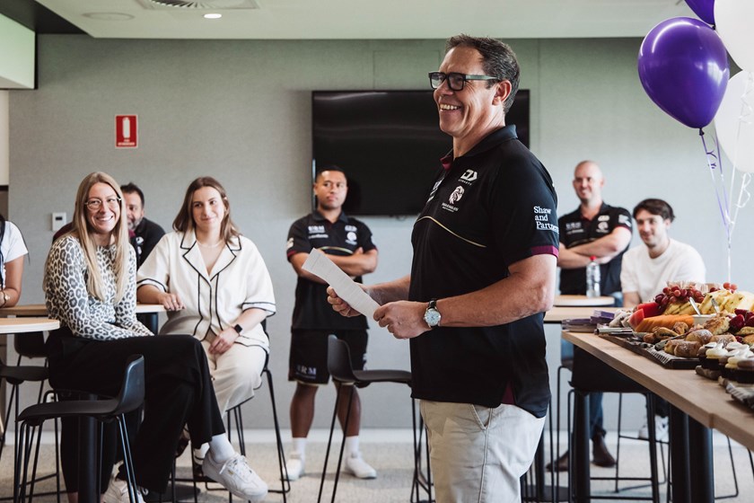 CEO Tony Mestrov talks to staff at the club's Women in League Round morning tea 