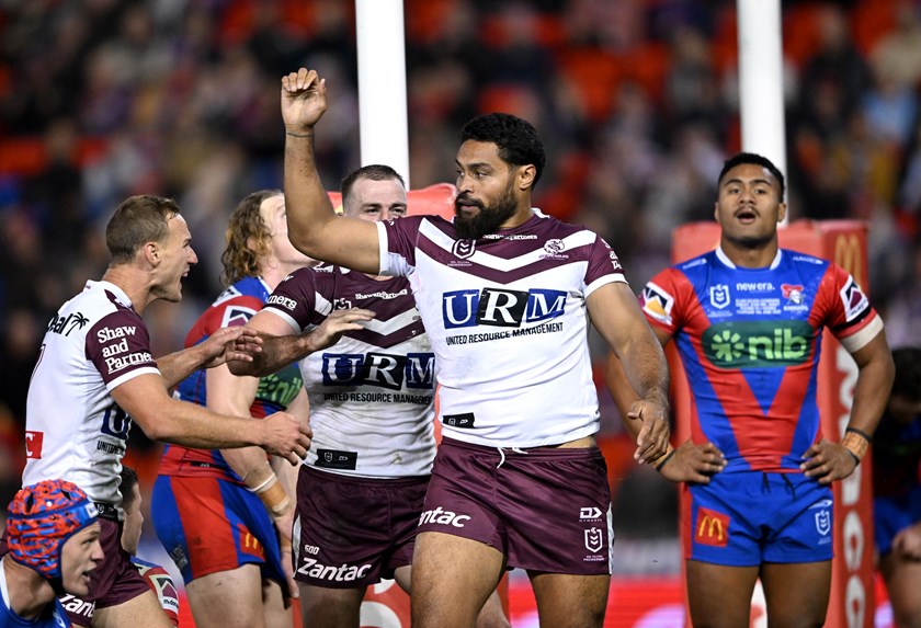 Sipley celebrates after scoring a try in Round 14 against the Knights