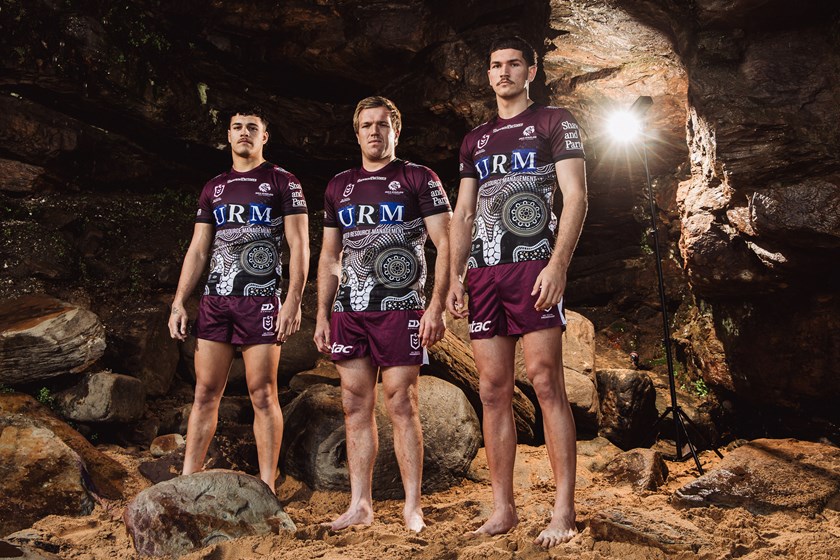 Clayton Faulalo, Jake Trbojevic and Navren Willett wearing the 2025 Indigenous Round jersey 