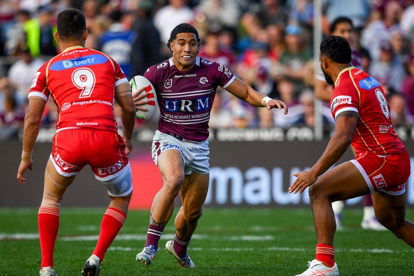 Cool as: Tolu scores one of Manly's 10 tries against the Dolphins in Round 25