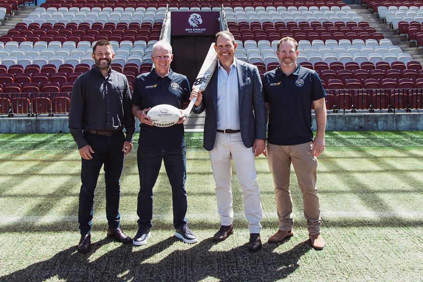 Sea Eagles CEO Tony Mestrov and MWCC President Andrew Fraser flanked by Adam Cosgrove (L) and Joel Mason (R)
