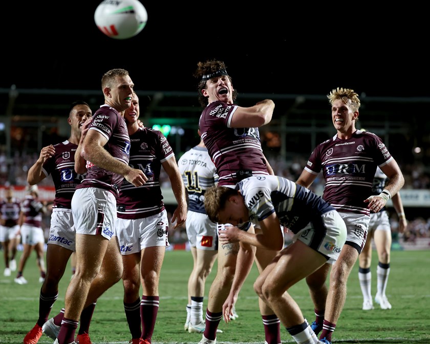 Ethan Bullemor bags one of his team's seven tries against the Cowboys in Round 1 at Brookie