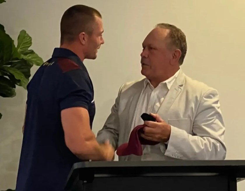 Cliff Lyons presents Kieran Foran with Life Membership of Manly Warringah RLFC 