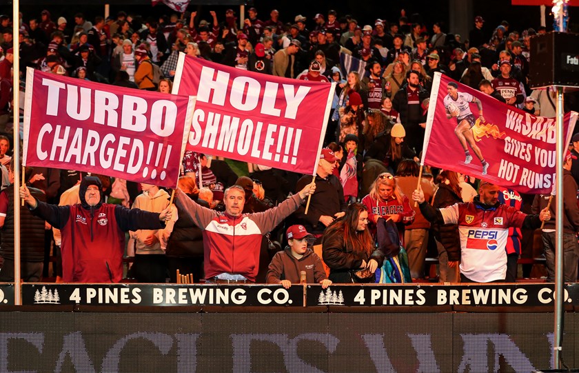 Go Manly: Sea Eagles showing their support when the Knights last visited 4 Pines Park in 2024